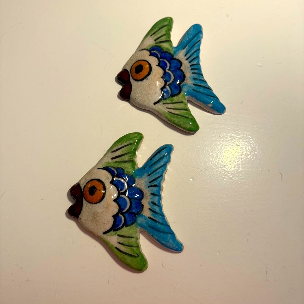 Terracotta Handmade Fishes wall art pottery figurines. In excellent condition.
